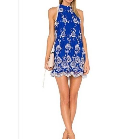 $198 NEW S Lovers + Friends REVOLVE Moonlit Mini Dress Marine Blue Floral Lace - Picture 1 of 10